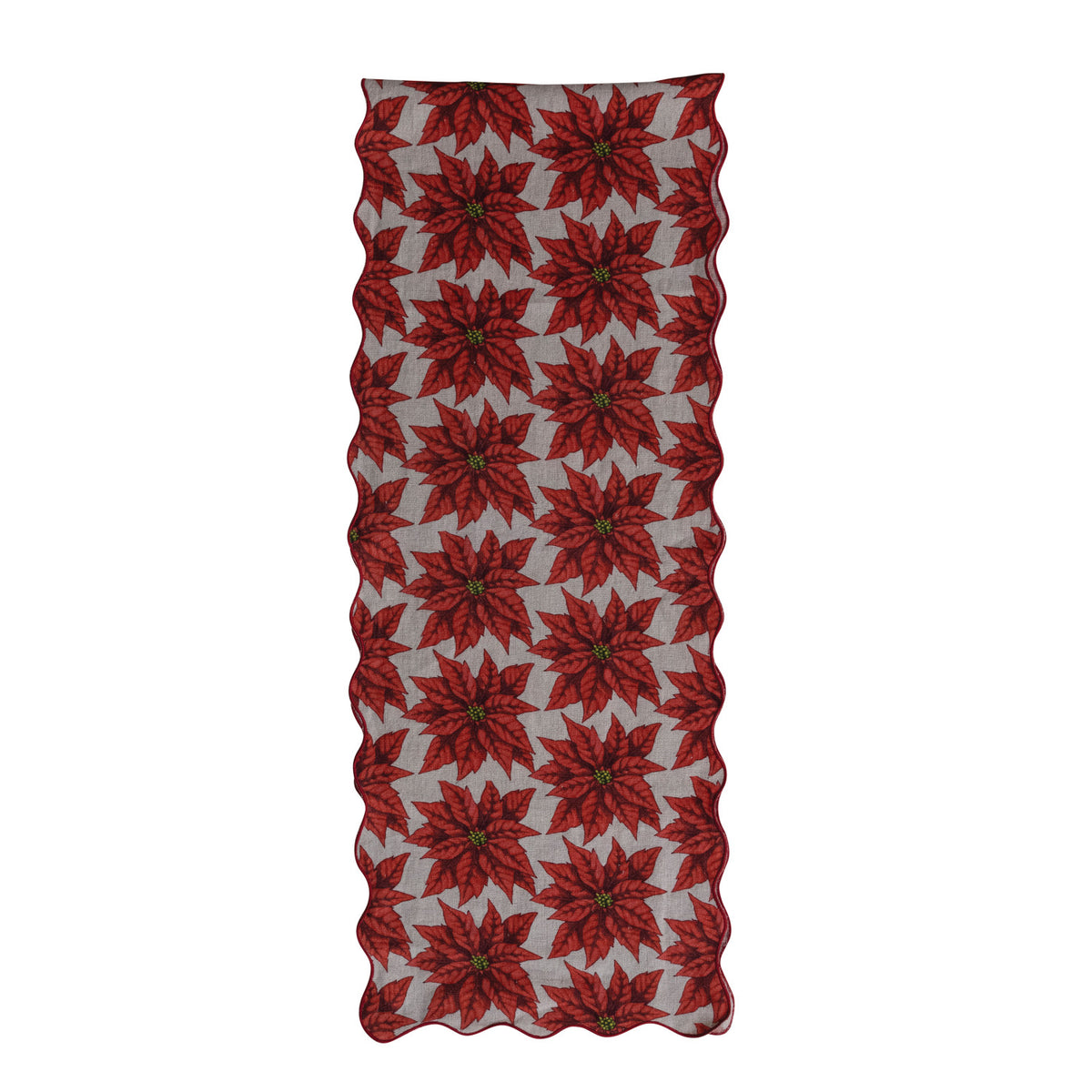 Linen Printed Scalloped Table Runner with Poinsettia Pattern & Stitched Edge & Red