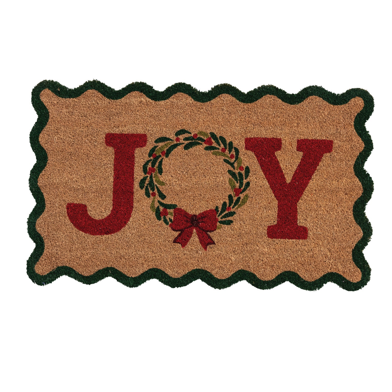 Natural Coir Scalloped Doormat with Wreath & Bow "JOY"