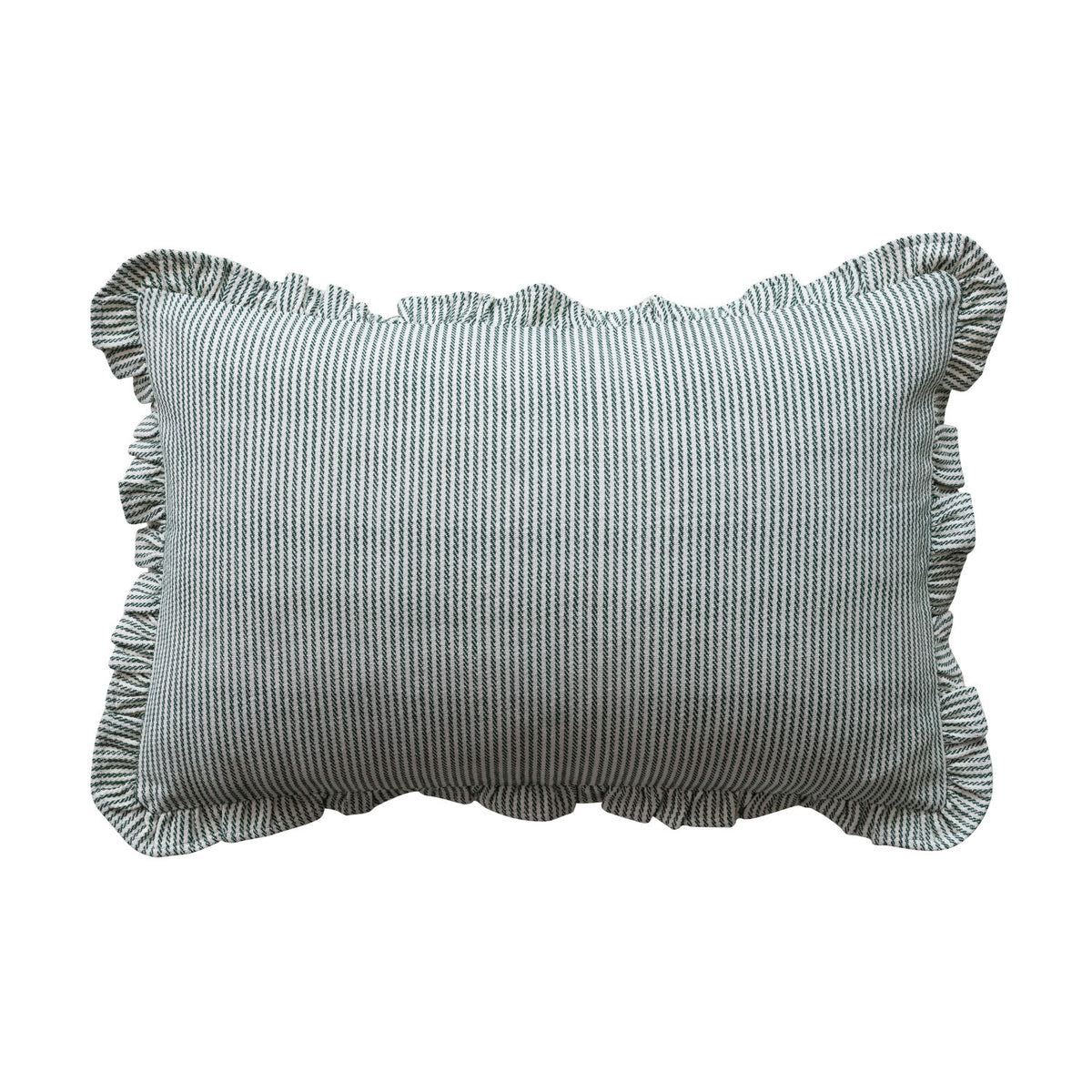 Woven Cotton Striped Lumbar Pillow with Ruffle & Green
