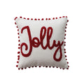 Square Cotton Slub Pillow with Pom Pom Trim & Tufted "Jolly", White & Red