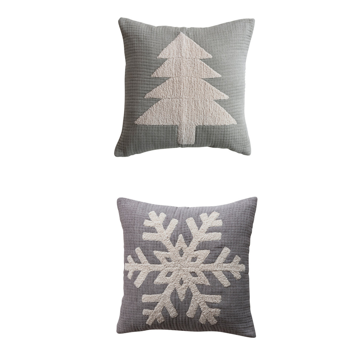 18" Square Woven Cotton Tufted Double Cloth Pillow with Snowflake/Tree