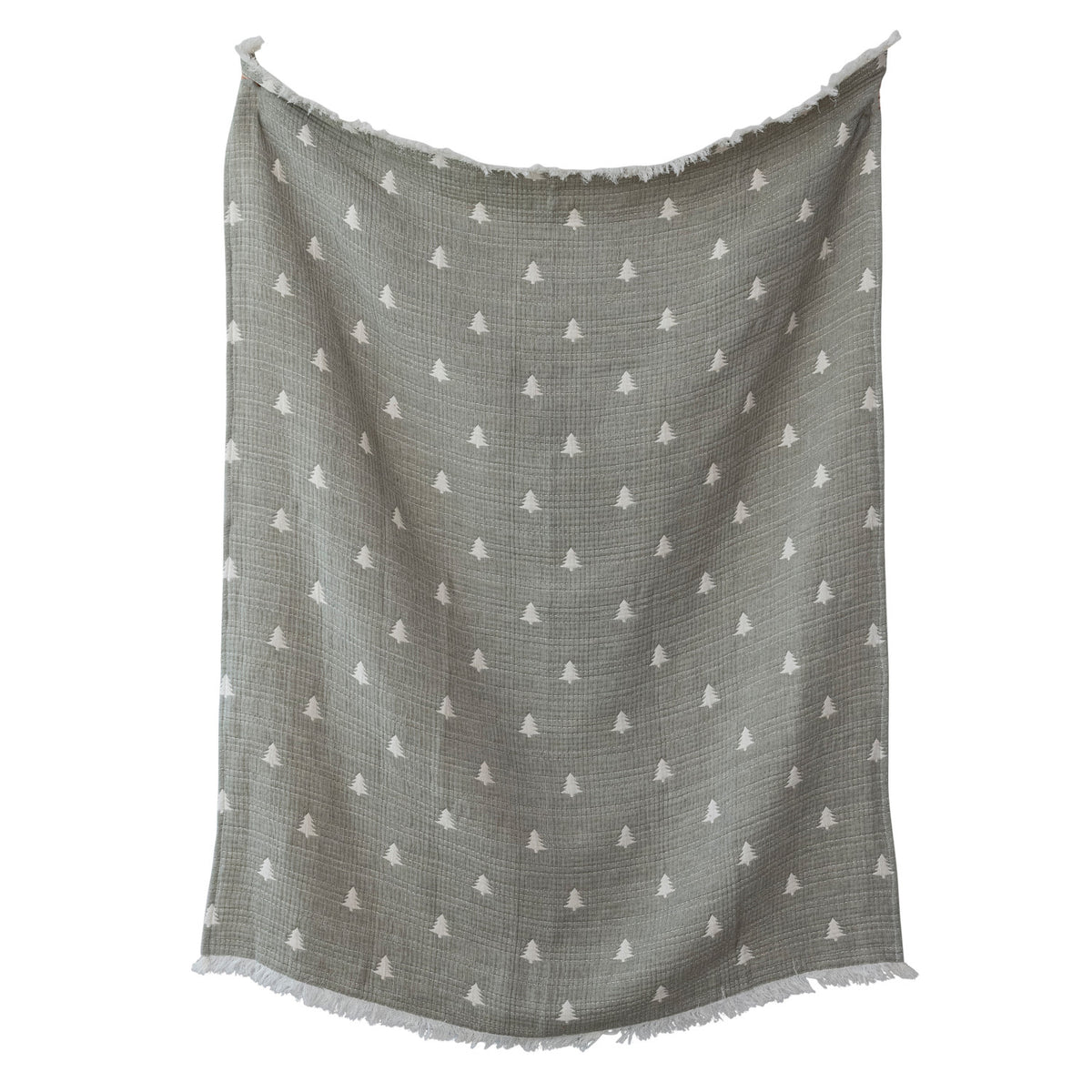 Cotton Double Cloth Throw with Trees, Eyelash Fringe & Hand-Embroidered Kantha Stitch