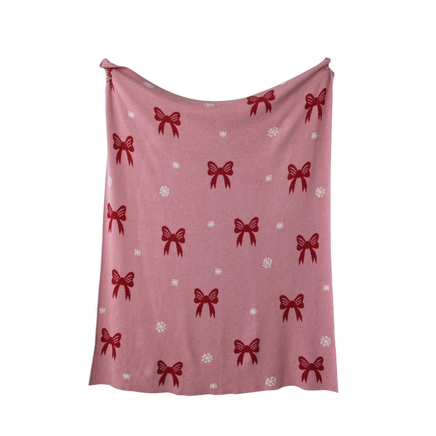 Cotton Knit Throw with Bow & Snowflake Pattern, Pink, Red & White
