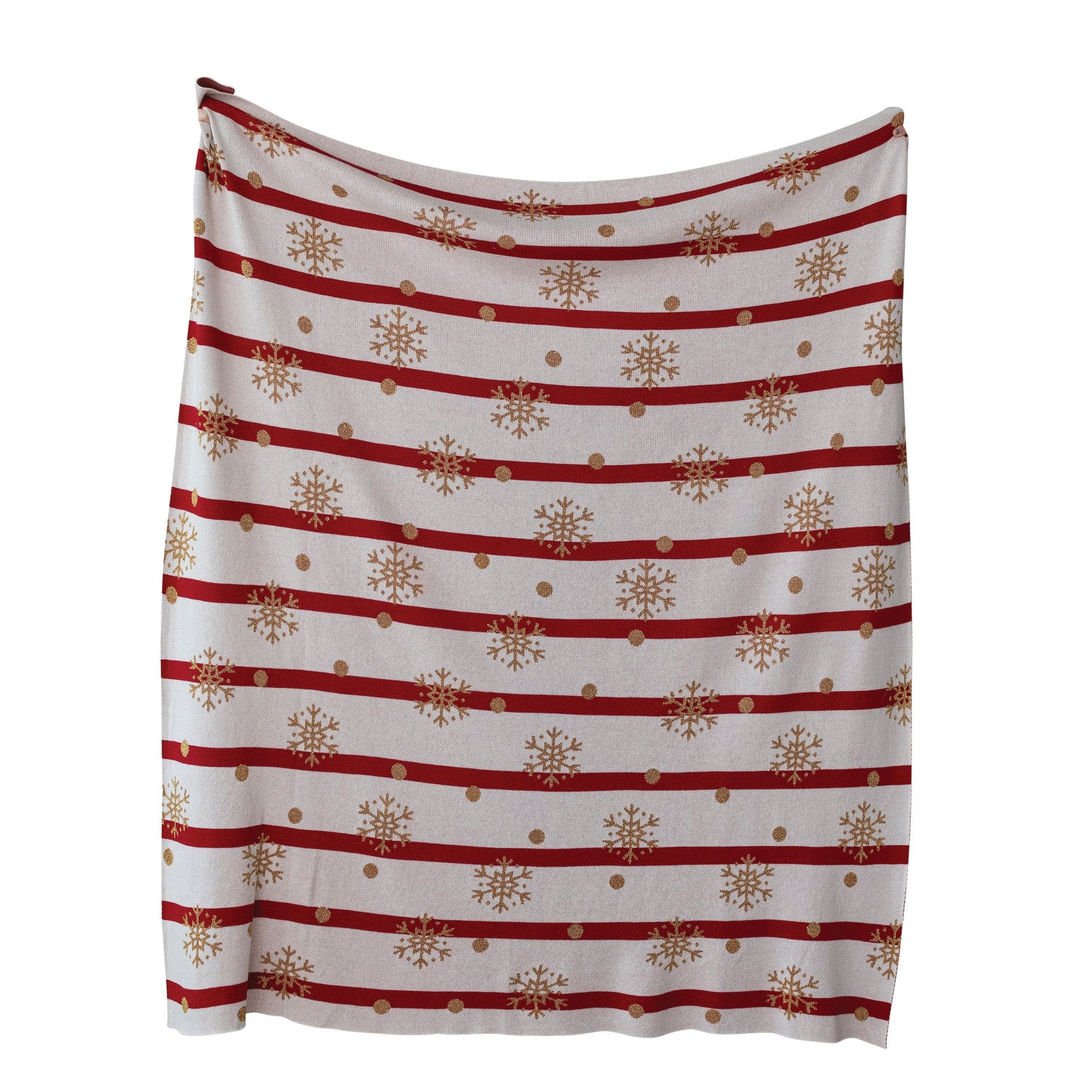 Cotton Knit Throw with Stripes, Snowflakes & Dots Pattern