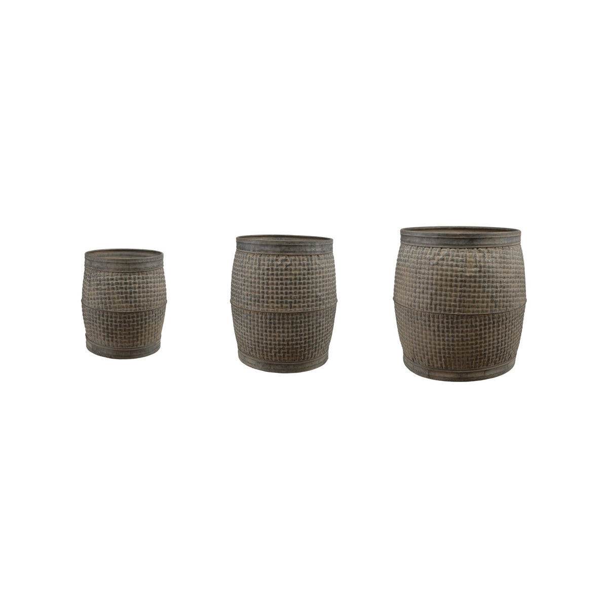 Galvanized Metal Basket Weave Planters, Distressed Zinc Finish