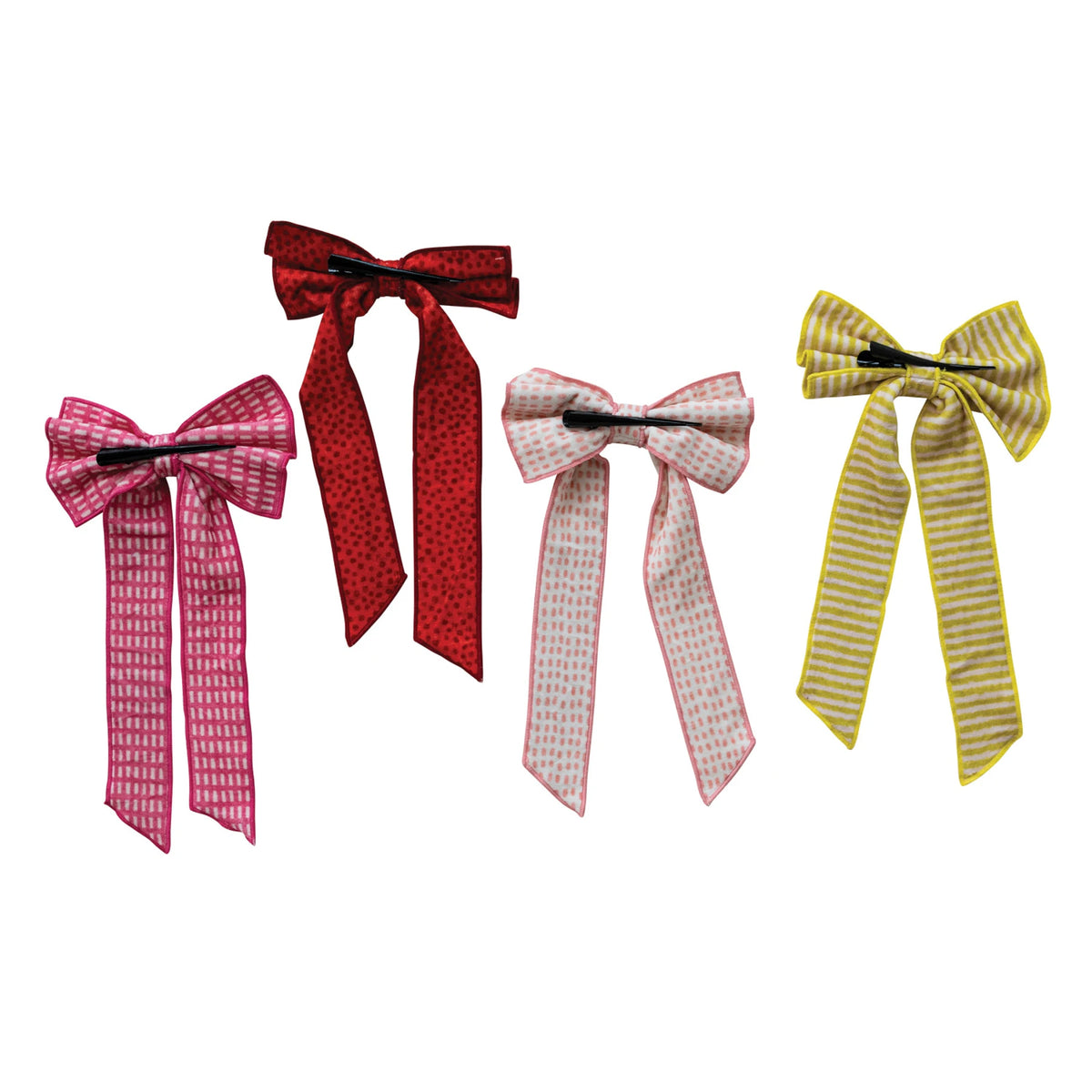 Cotton Velvet Printed Clip-on Bow with Pattern & Stitched Edges