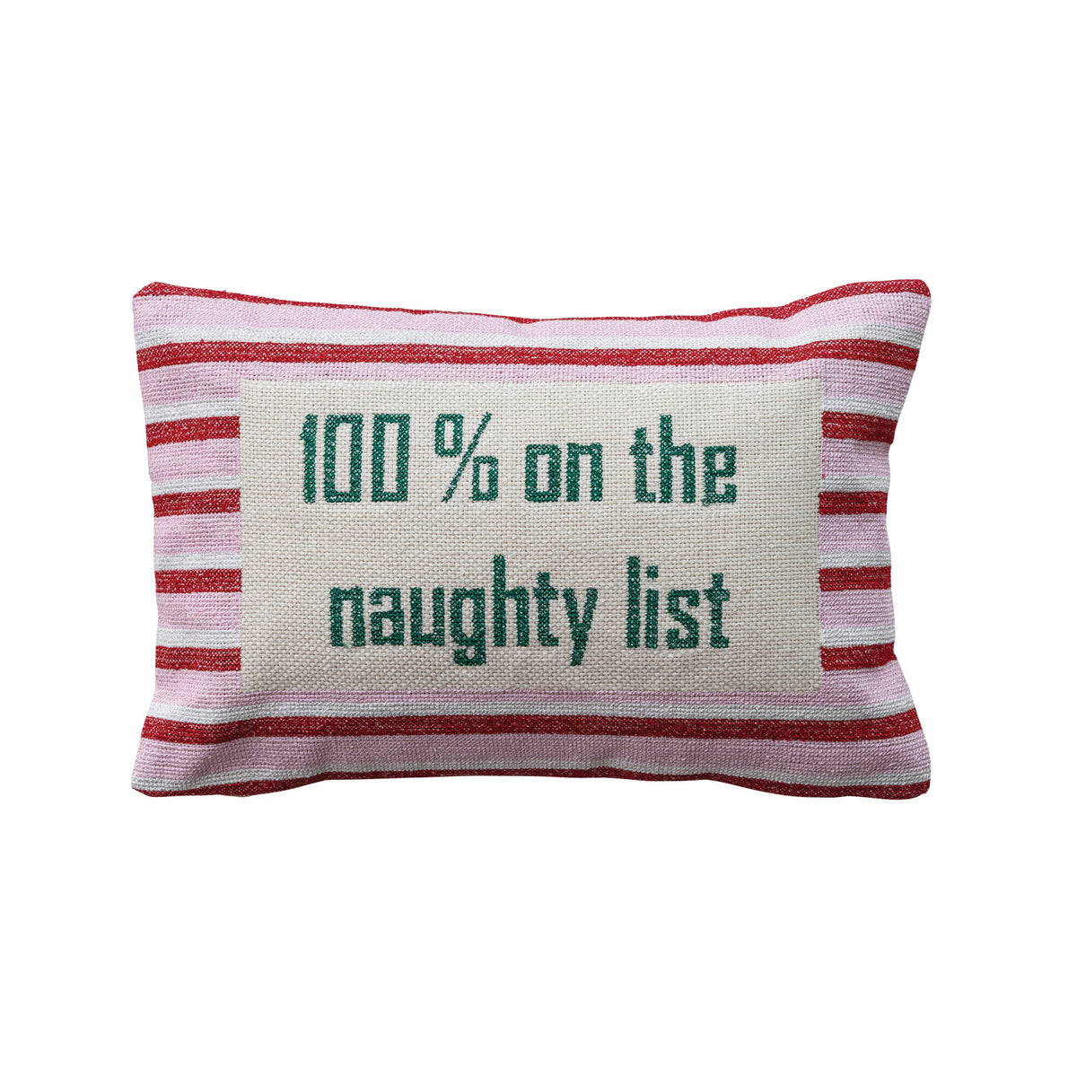 Cotton Embroidered Lumbar Pillow with Stripes "100% On The Naughty List"