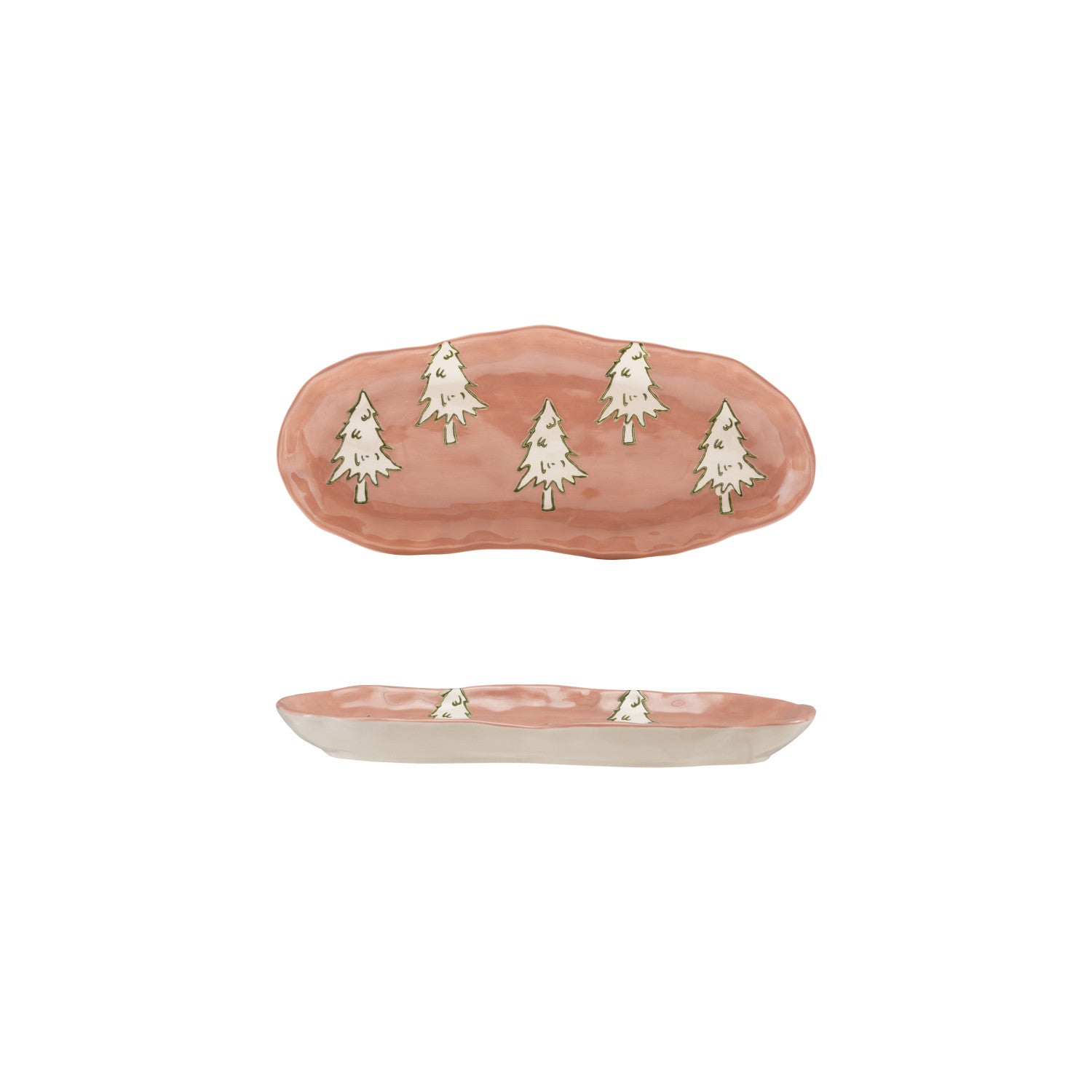 Stoneware Organic Shaped Platter with Wax Relief Trees, Pink, White & Green