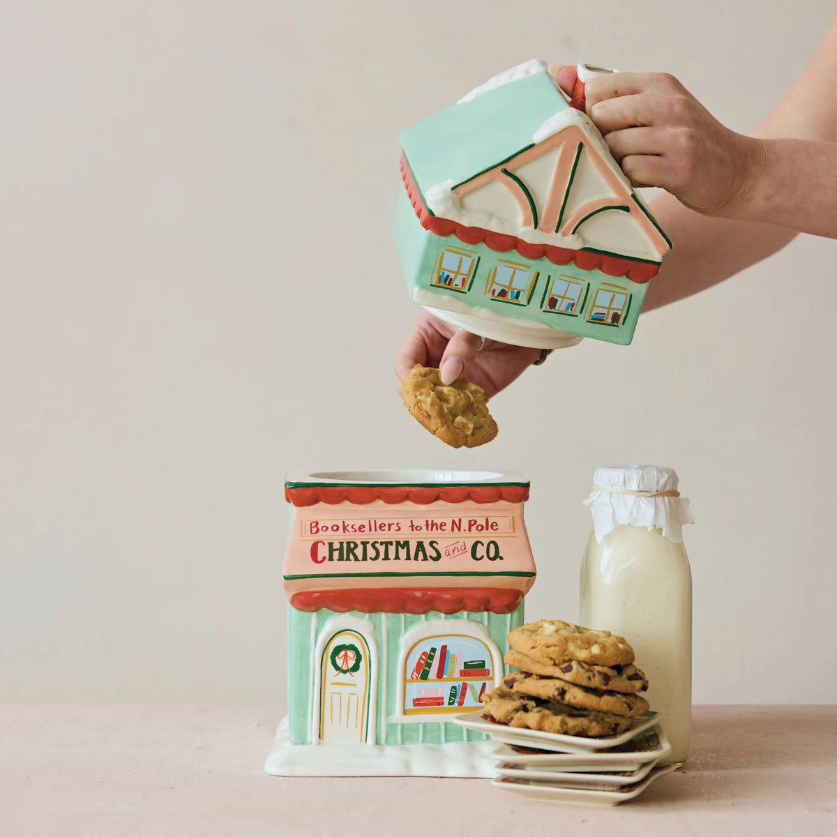 Hand-Painted Ceramic Bookstore Shaped Cookie Jar with Snowman "Christmas and Co."