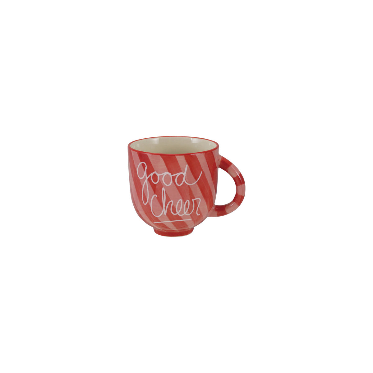 Hand-Painted Stoneware Striped Mug "Good Cheer", Red & White