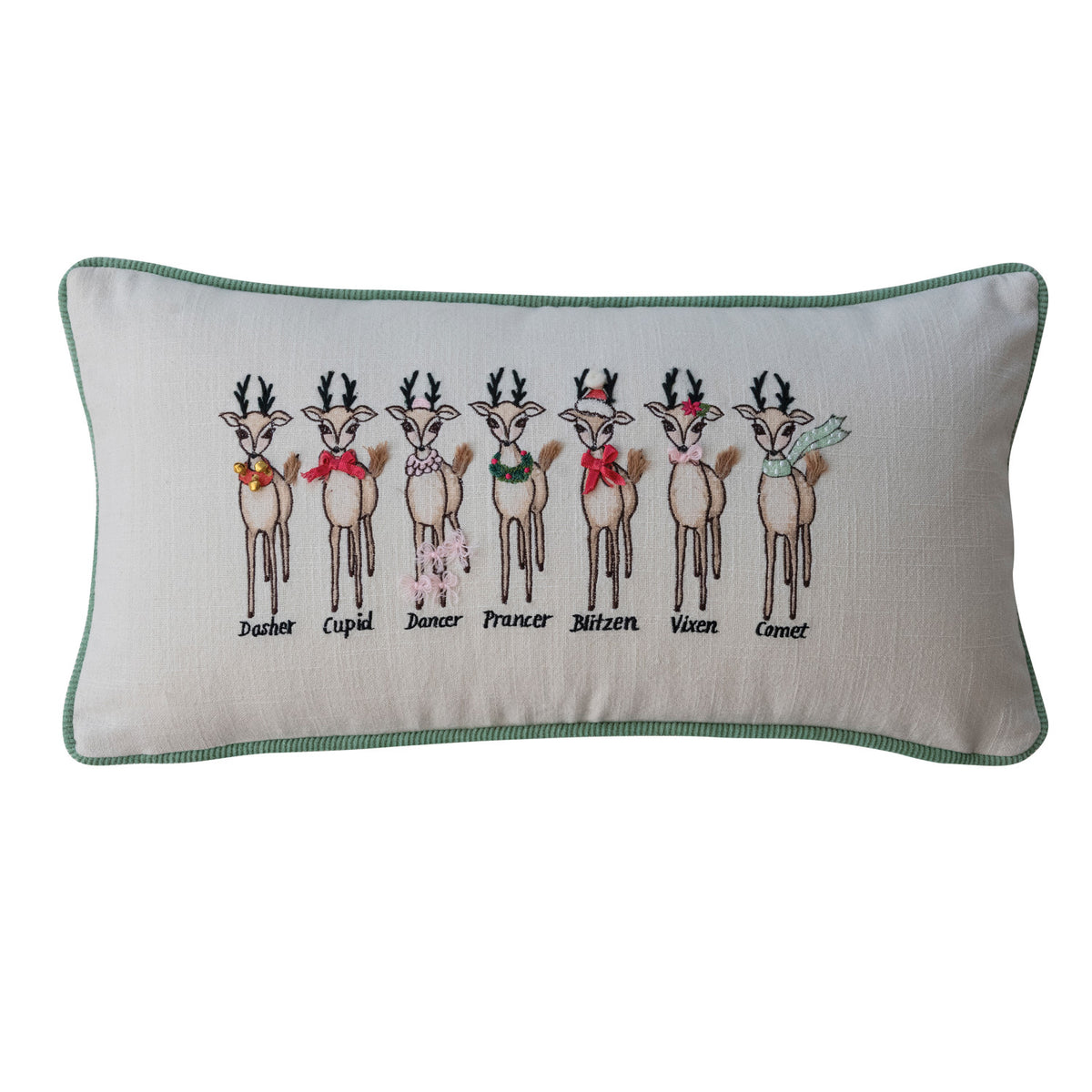 Cotton Slub Printed Lumbar Pillow with Santa's Reindeer, Embroidery, Piping & Velvet Back