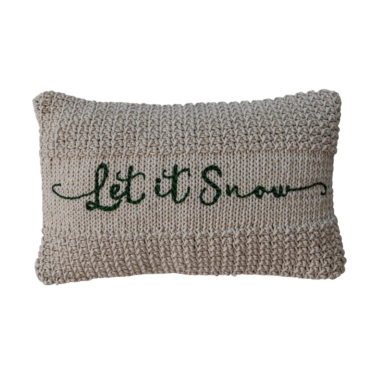 Cotton Knit Macrame Lumbar Pillow with Metallic Gold Thread Embroidery "Let It Snow"