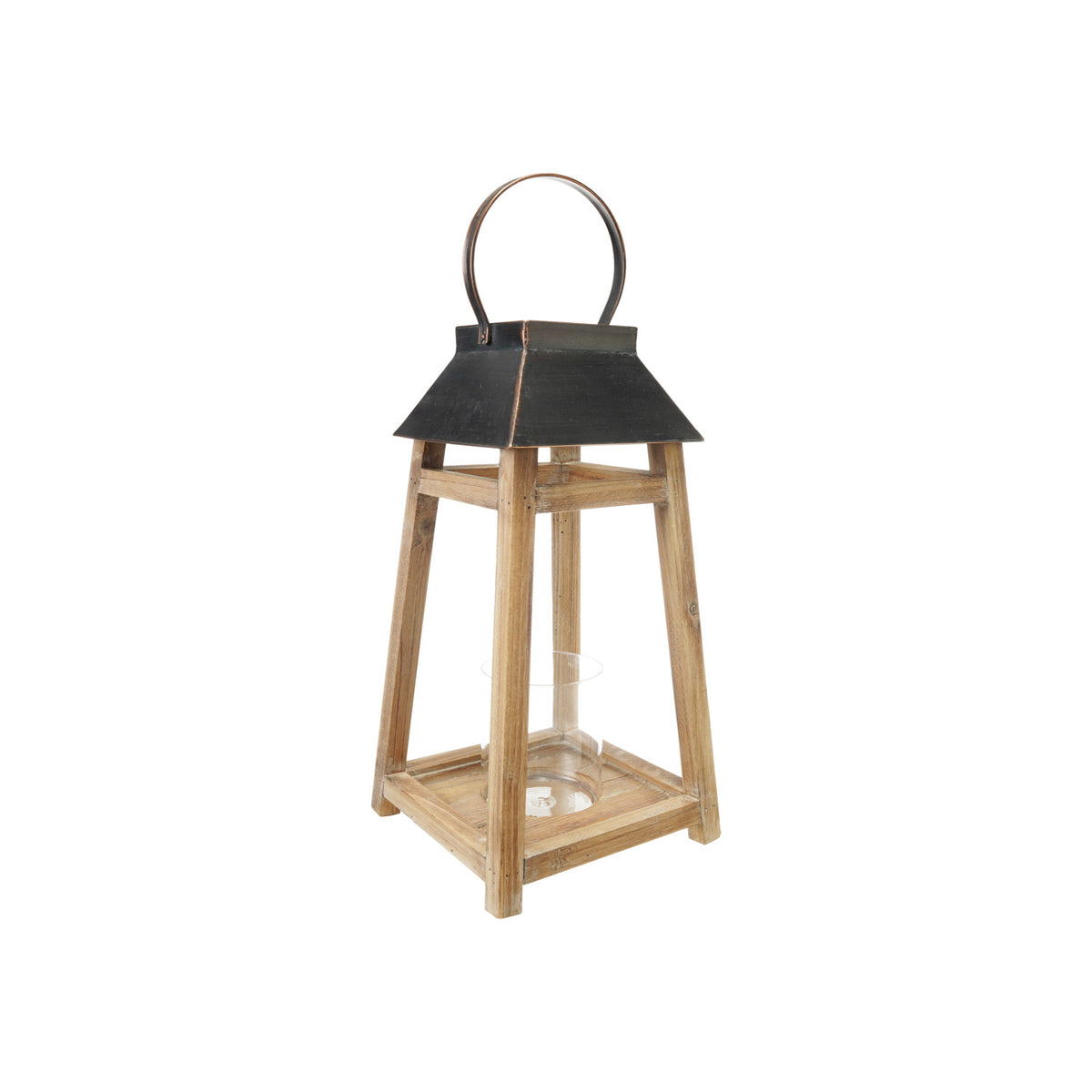 Wood & Metal Lantern with Glass Hurricane, Natural & Black