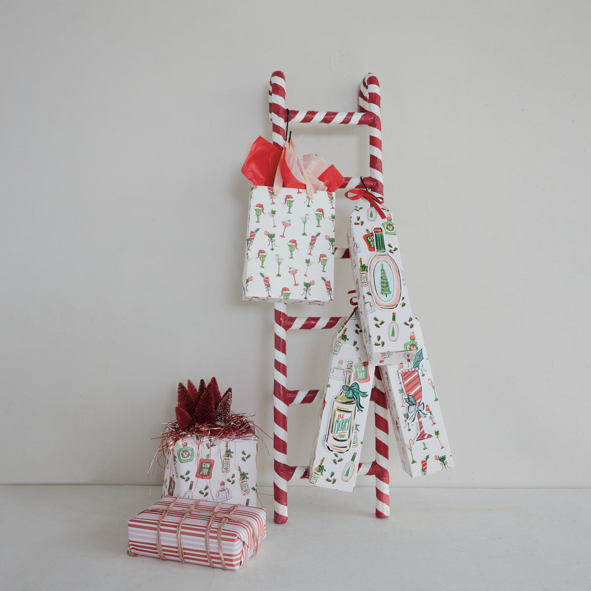 Decorative Paper Mache & Metal Ladder with Candy Stripes, Red & White