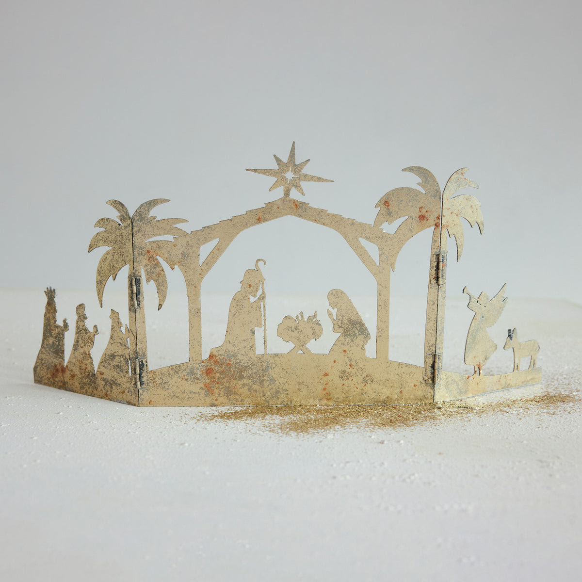 Metal Folding Mantle Scene with Nativity, Distressed Gold Finish