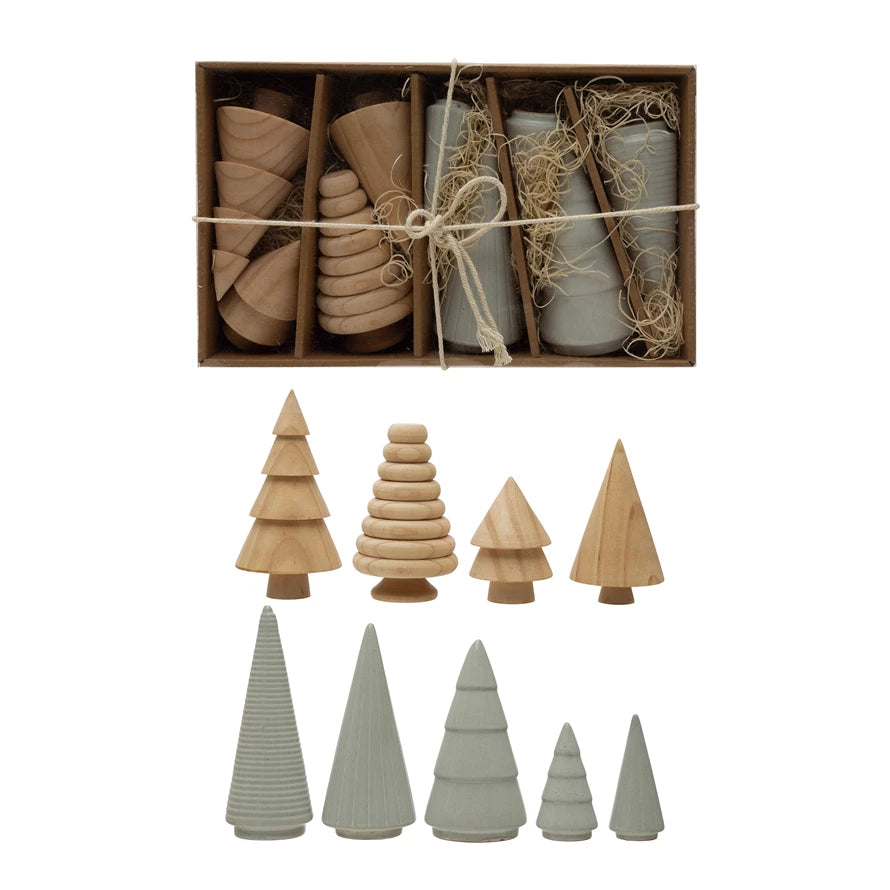 Box of 9 Wood and Stoneware Trees